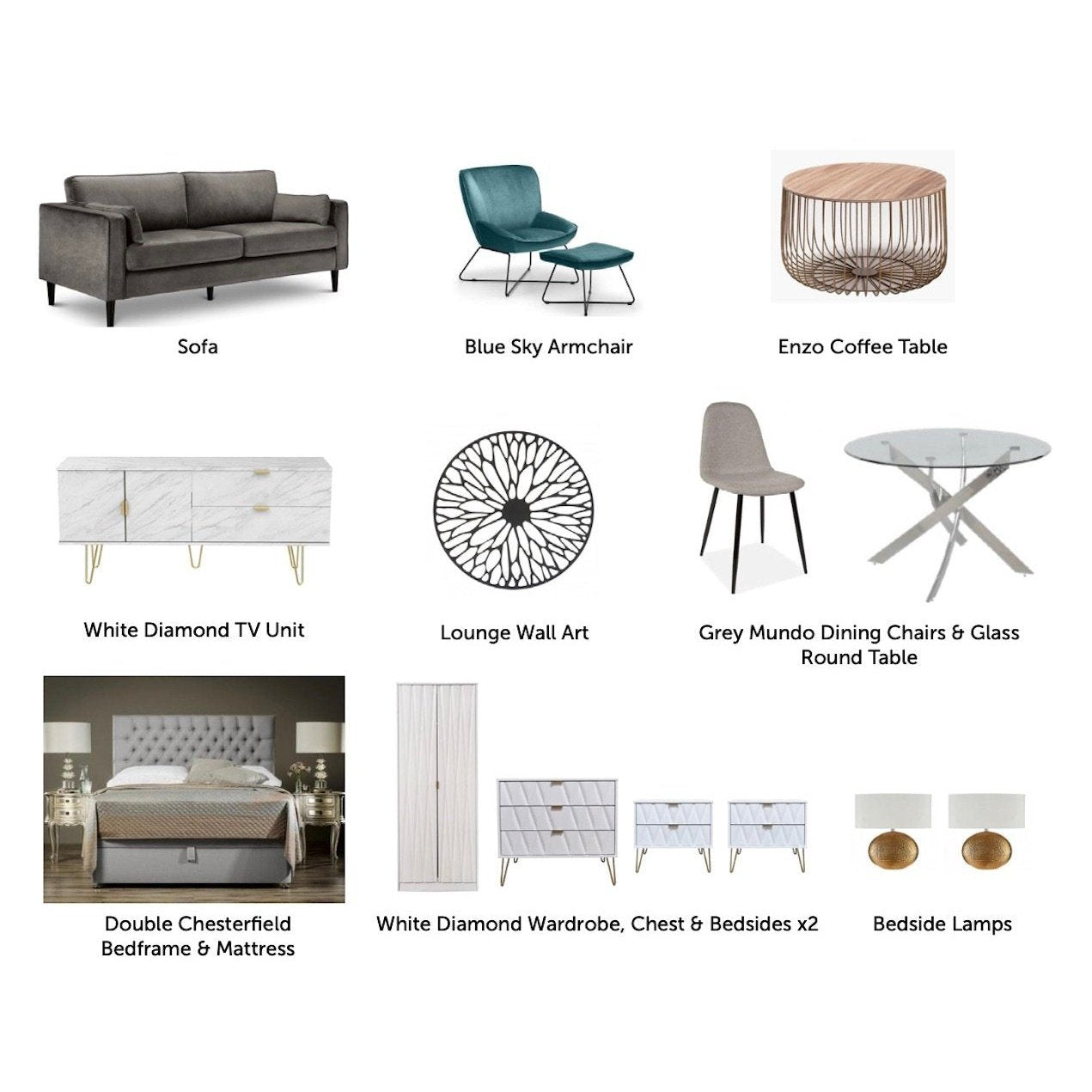 White Diamond furniture package products | Manor Interiors